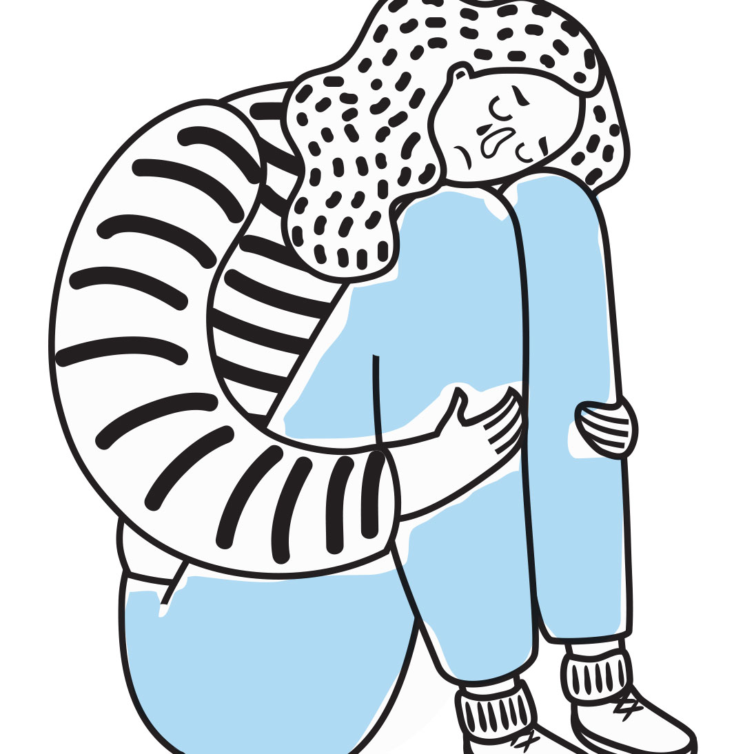 cartoon drawing of a woman hugging her knees, she looks sad