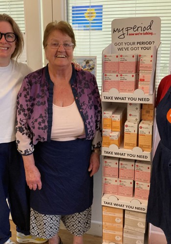 My Period Director, Hannah Cooke, with two volunteers at The Feed social supermarket in Norwich installing the PickUpMyPeriod free period product collection point.