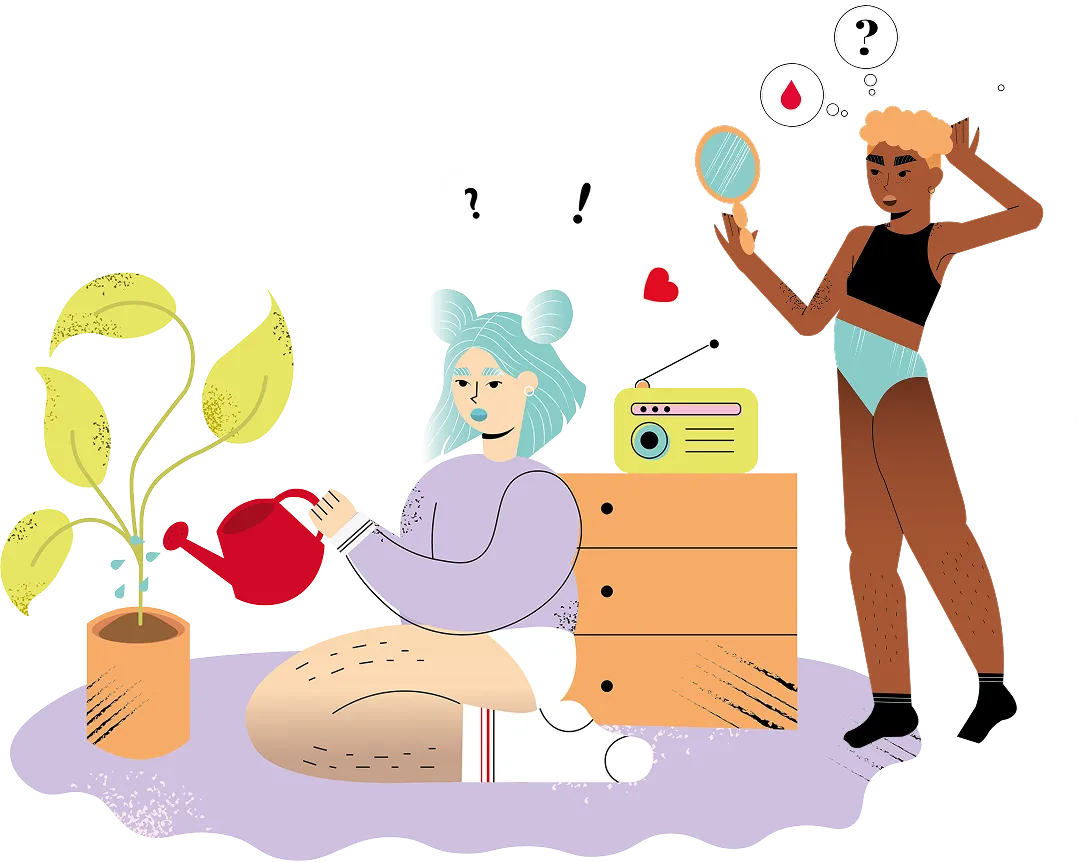 Illustration of two characters in a home space with radio on a chest of drawers, one illustrated person is watering a plant the other is looking in a mirror. Both have thought bubbles with a question mark and period droplet icon