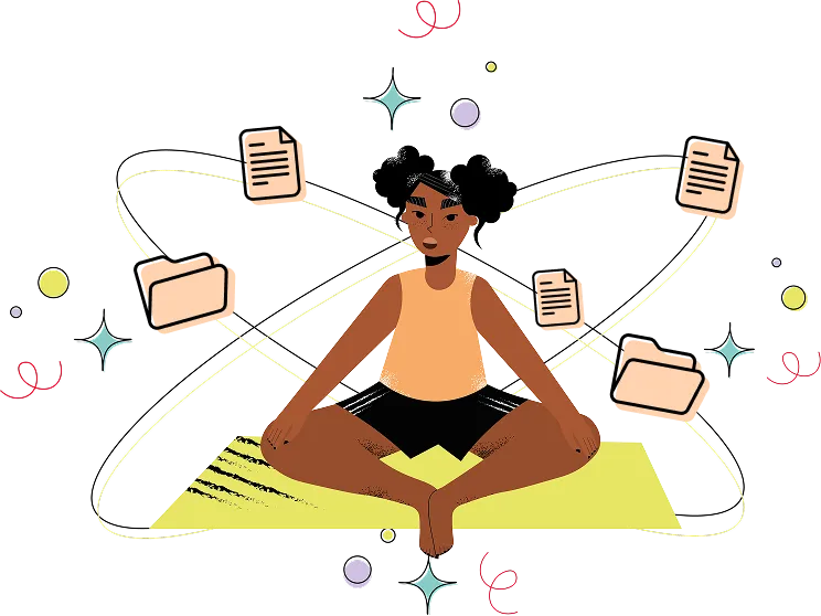 Illustration from Hey Girls TOTM booklet, character sitting in a Yoga position with an illustration of folders and information spinning around as if thinking and finding information